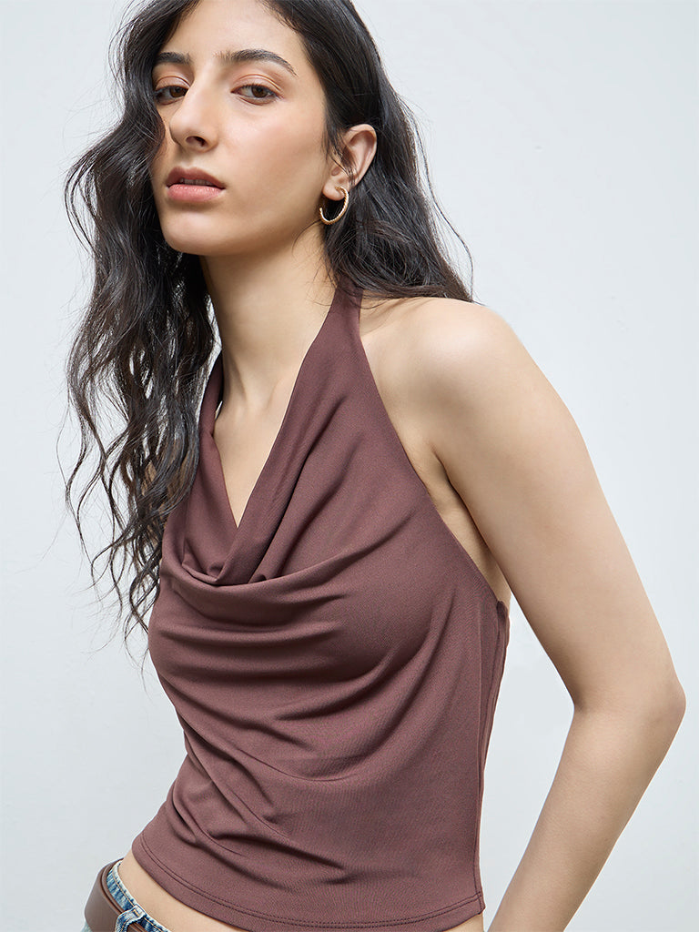Nuon Brown Solid Cowl-Neck Top