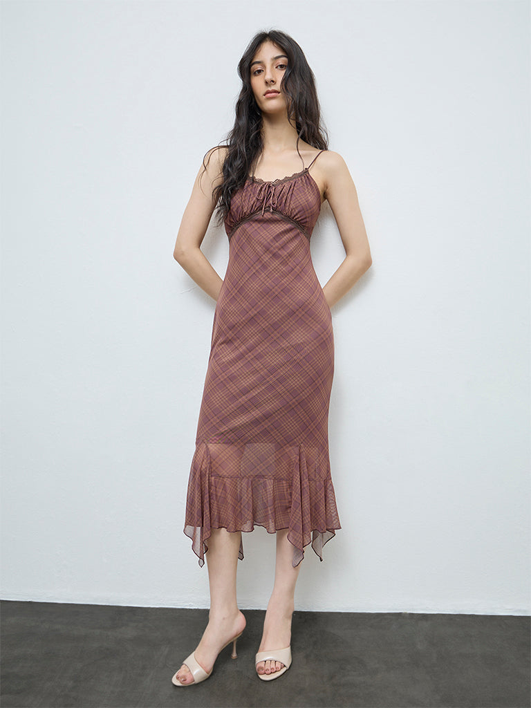 Nuon Brown Checks Detailed Bodycon Mesh Dress