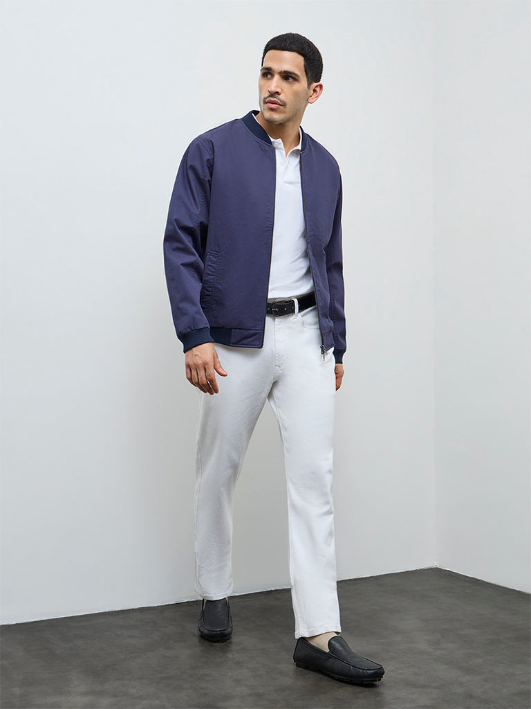 WES Casuals Navy Solid Relaxed-Fit Cotton Jacket