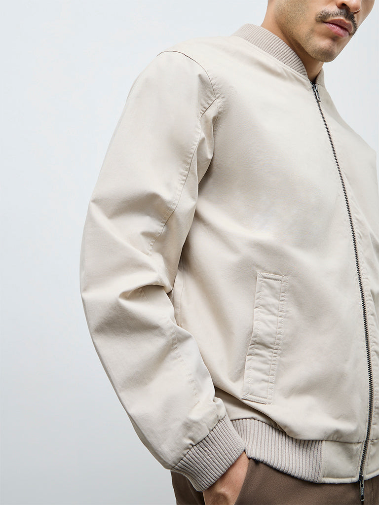 WES Casuals Beige Solid Relaxed-Fit Cotton Jacket