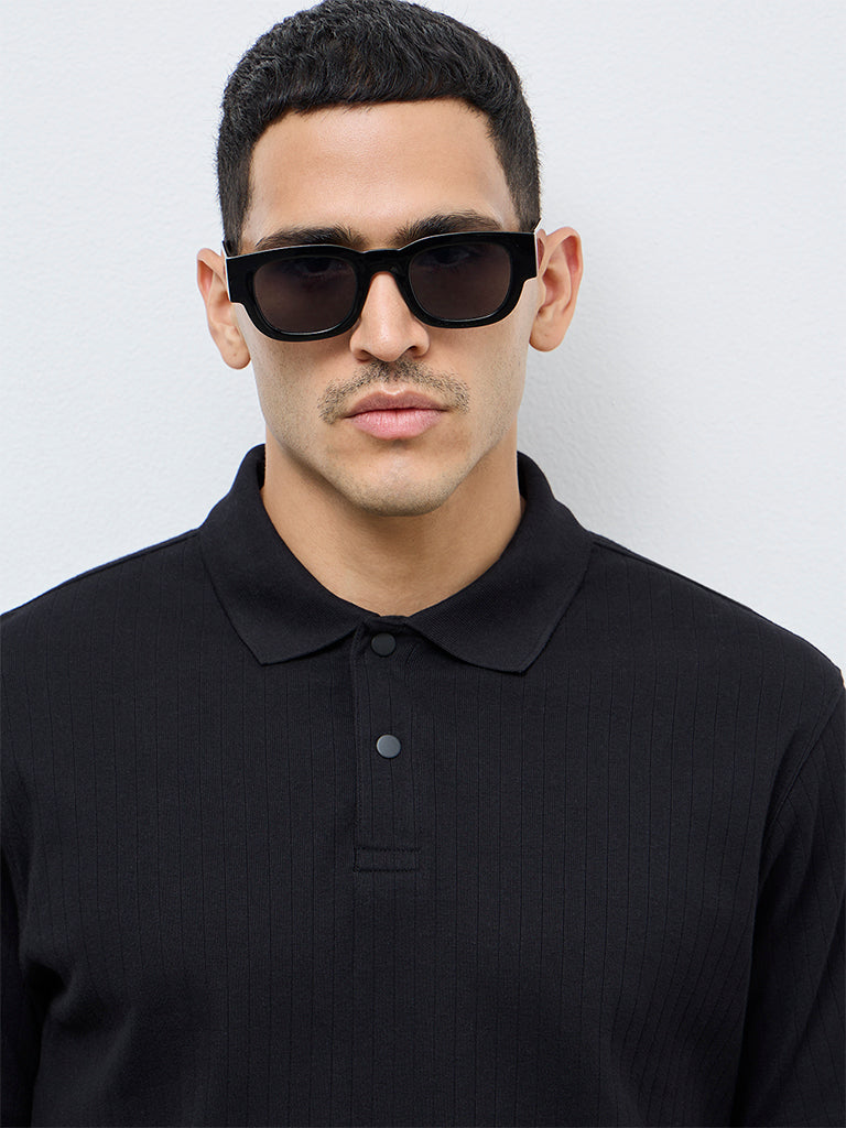 WES Casuals Black Textured Slim-Fit T-Shirt