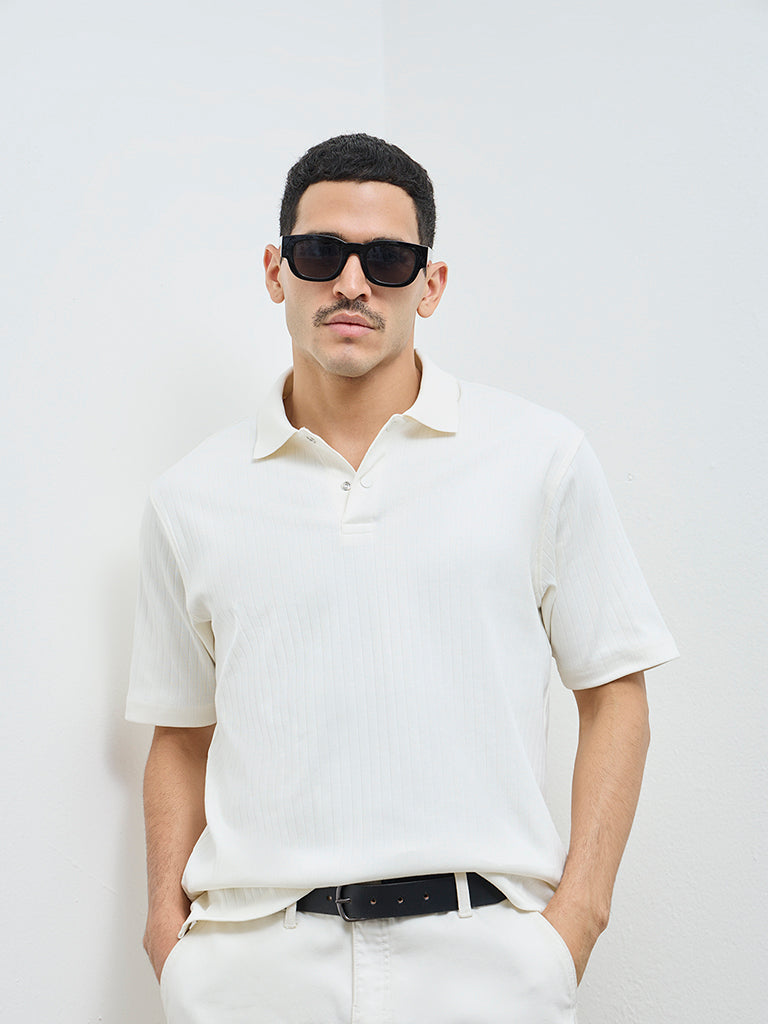 WES Casuals Off-White Self-Striped Slim-Fit Cotton-Blend Polo T-Shirt