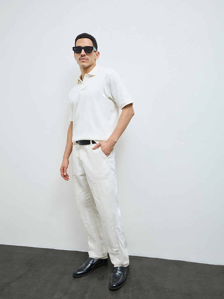 WES Casuals Off-White Self-Striped Slim-Fit Cotton-Blend Polo T-Shirt