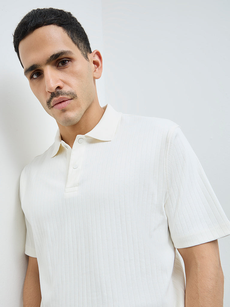 WES Casuals Off-White Self-Striped Slim-Fit Cotton-Blend Polo T-Shirt