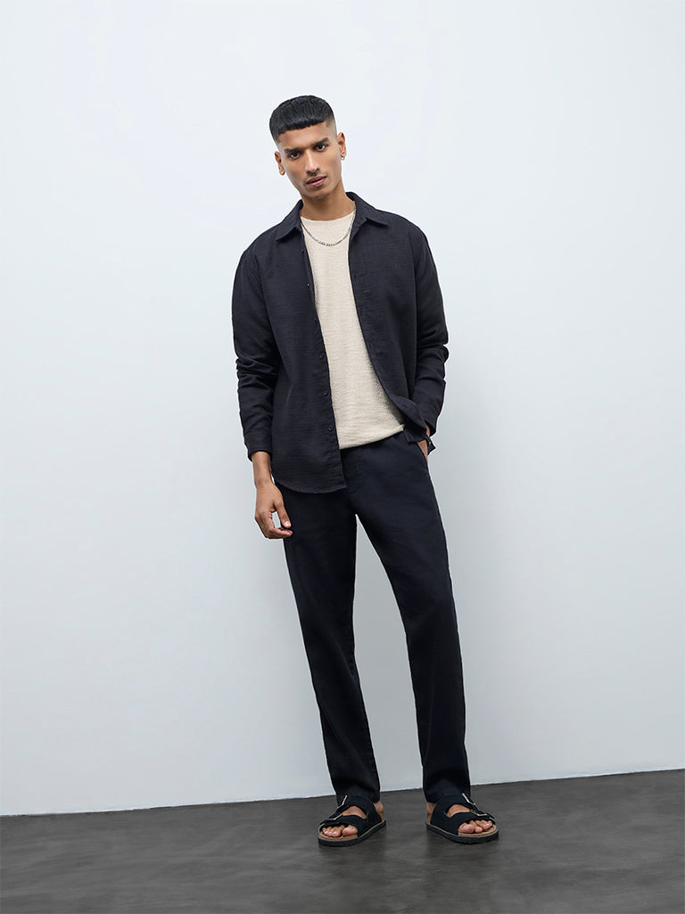 ETA Black Solid Relaxed-Fit Cotton Shirt
