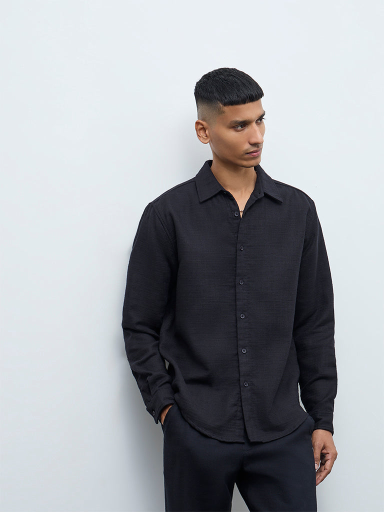 ETA Black Solid Relaxed-Fit Cotton Shirt