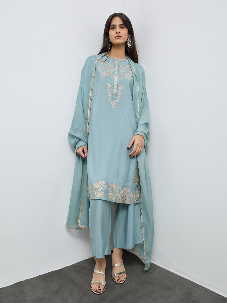 Vark Aqua Embroidered A-Line Ethnic Set