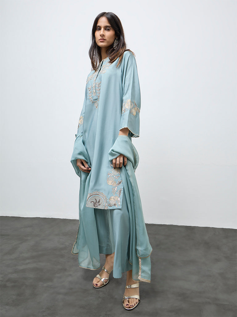 Vark Aqua Embroidered A-Line Ethnic Set