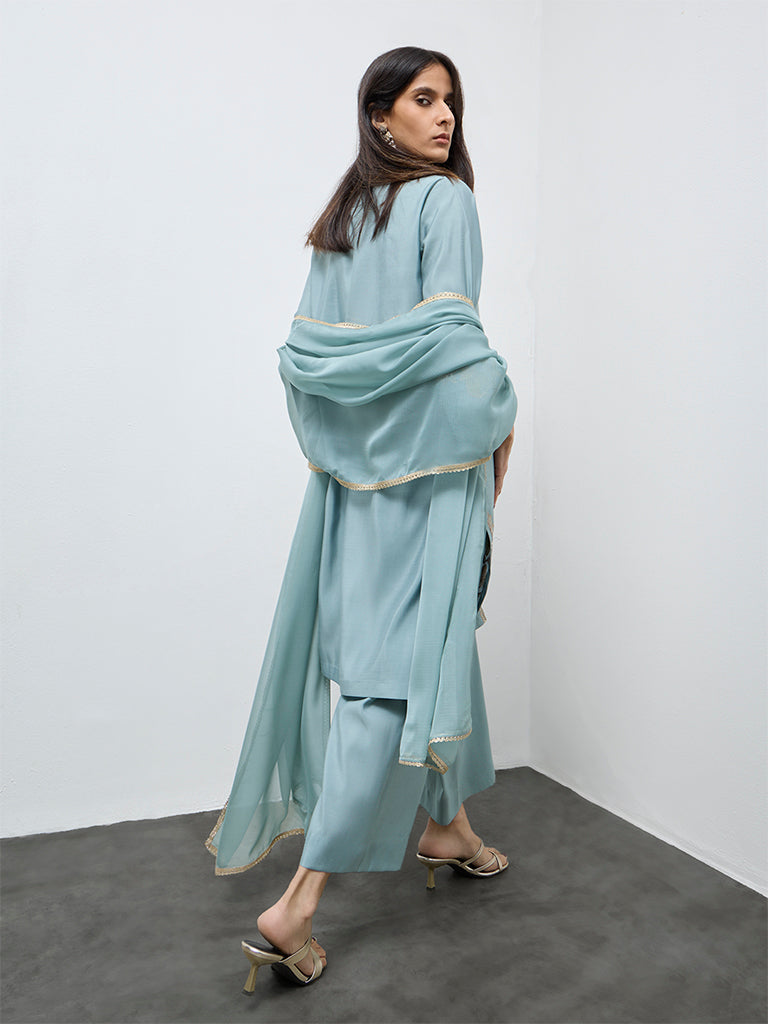 Vark Aqua Embroidered A-Line Ethnic Set