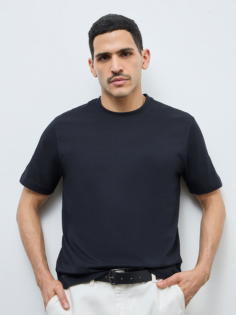 WES Casuals Black Solid Slim-Fit Cotton T-Shirt