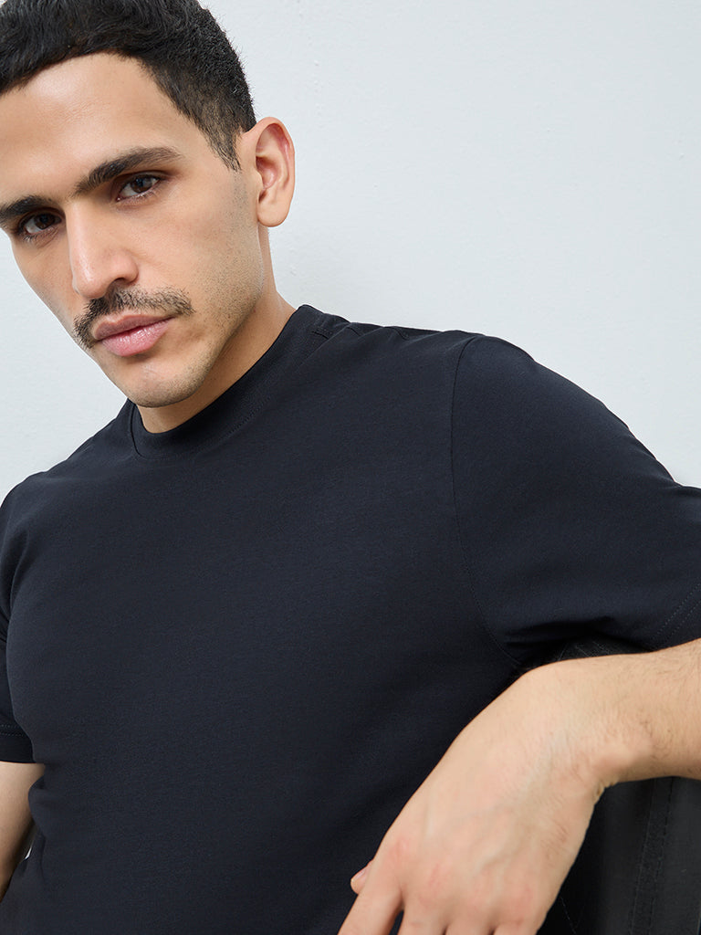 WES Casuals Black Solid Slim-Fit Cotton T-Shirt