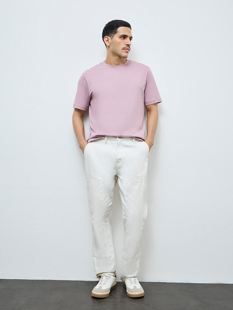 WES Casuals Mauve Solid Slim-Fit Cotton T-Shirt
