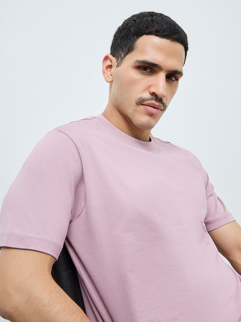 WES Casuals Mauve Solid Slim-Fit Cotton T-Shirt