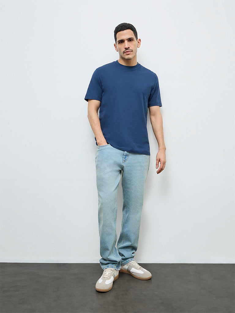 WES Casuals Indigo Solid Slim-Fit Cotton T-Shirt