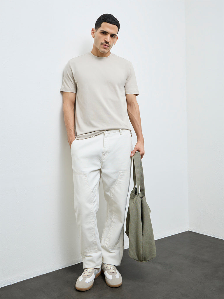 WES Casuals Light Taupe Solid Slim-Fit Cotton T-Shirt