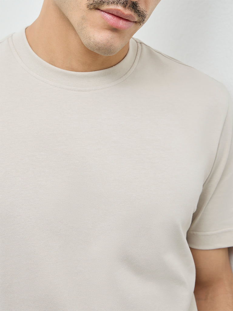 WES Casuals Light Taupe Solid Slim-Fit Cotton T-Shirt