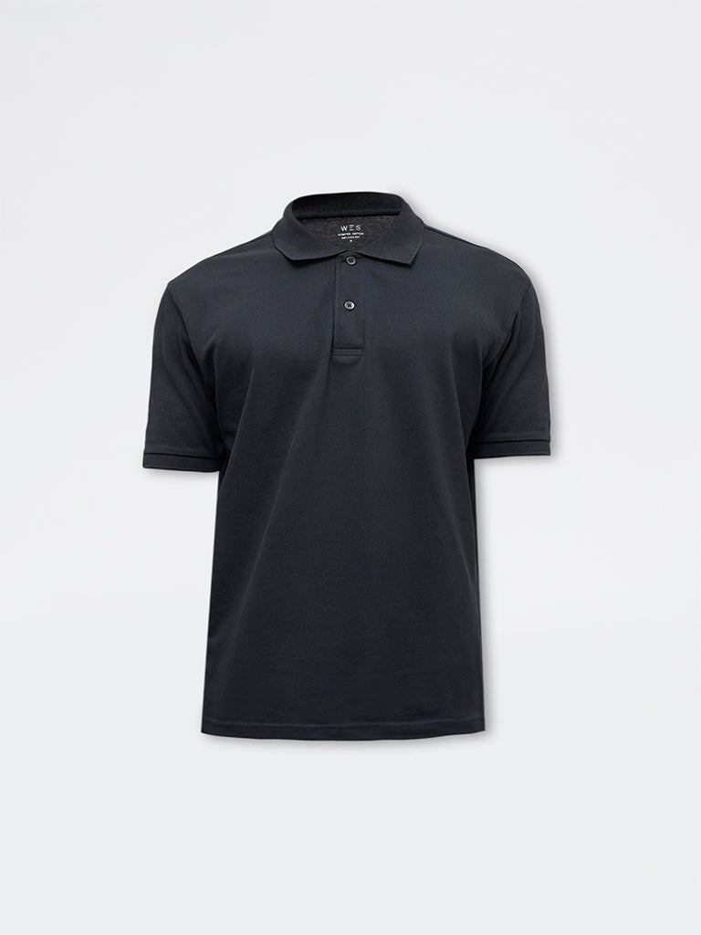 WES Casuals Black Solid Relaxed-Fit Polo T-Shirt