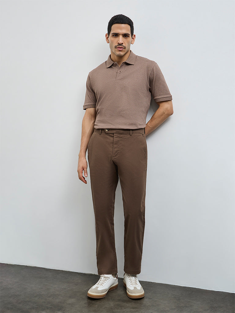 WES Casuals Brown Relaxed-Fit Cotton-Blend Polo T-Shirt