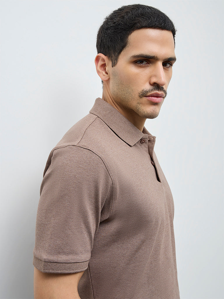 WES Casuals Brown Relaxed-Fit Cotton-Blend Polo T-Shirt