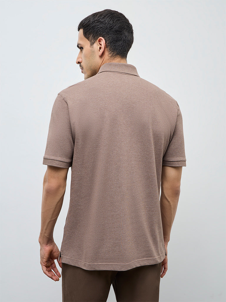 WES Casuals Brown Relaxed-Fit Cotton-Blend Polo T-Shirt