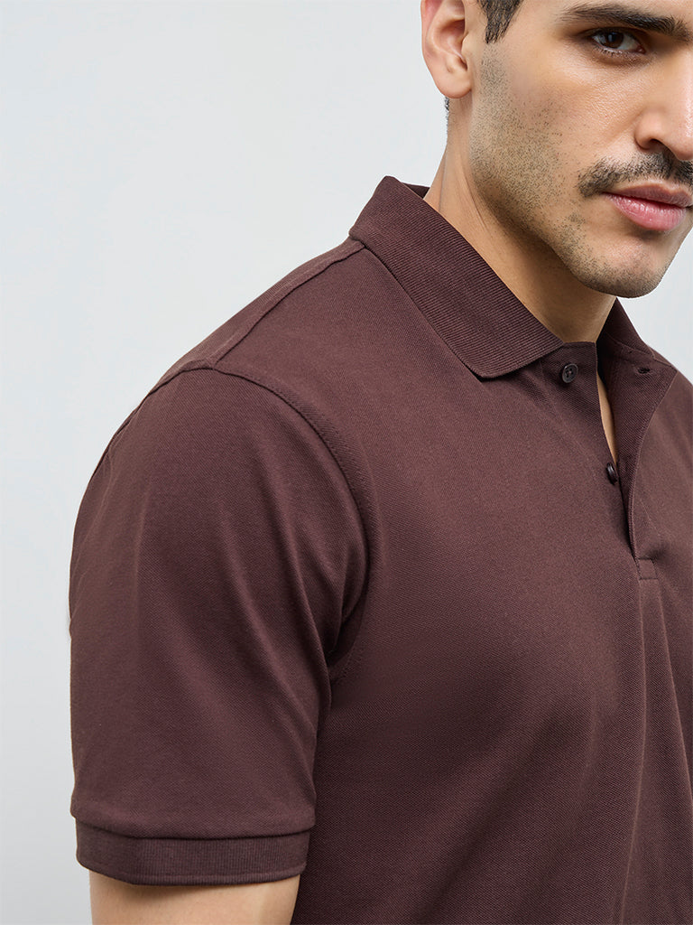 WES Casuals Dark Brown Relaxed-Fit Cotton-Blend Polo T-Shirt