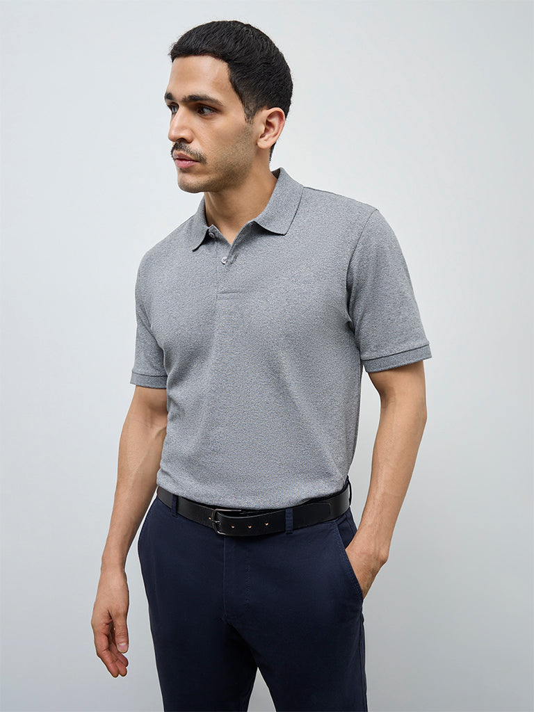 WES Casuals Grey Relaxed-Fit Cotton-Blend Polo T-Shirt