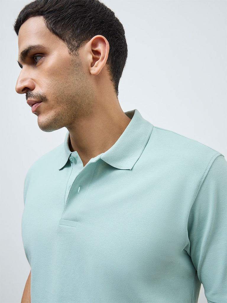WES Casuals Mint Solid Relaxed-Fit Cotton-Blend Polo T-Shirt