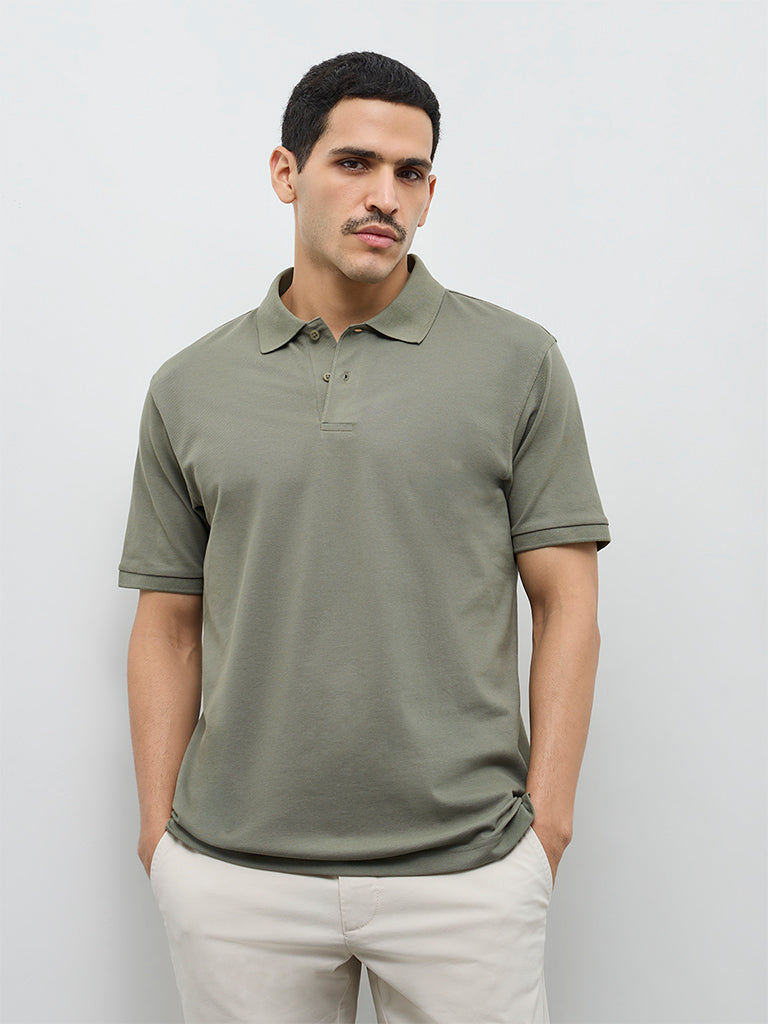 WES Casuals Sage Solid Relaxed-Fit Cotton-Blend Polo T-Shirt
