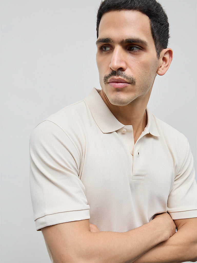 WES Casuals Beige Relaxed-Fit Cotton-Blend Polo T-Shirt