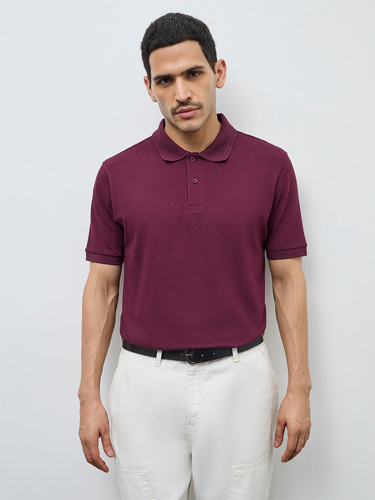 WES Casuals Wine Relaxed-Fit Cotton-Blend Polo T-Shirt