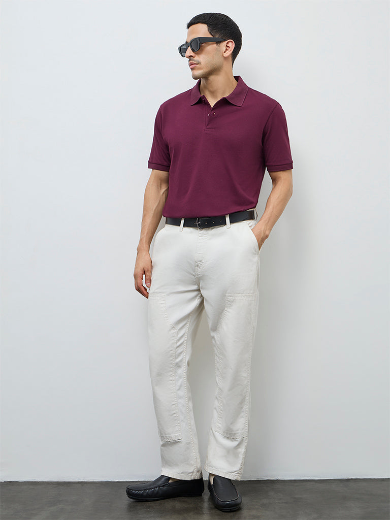 WES Casuals Wine Relaxed-Fit Cotton-Blend Polo T-Shirt