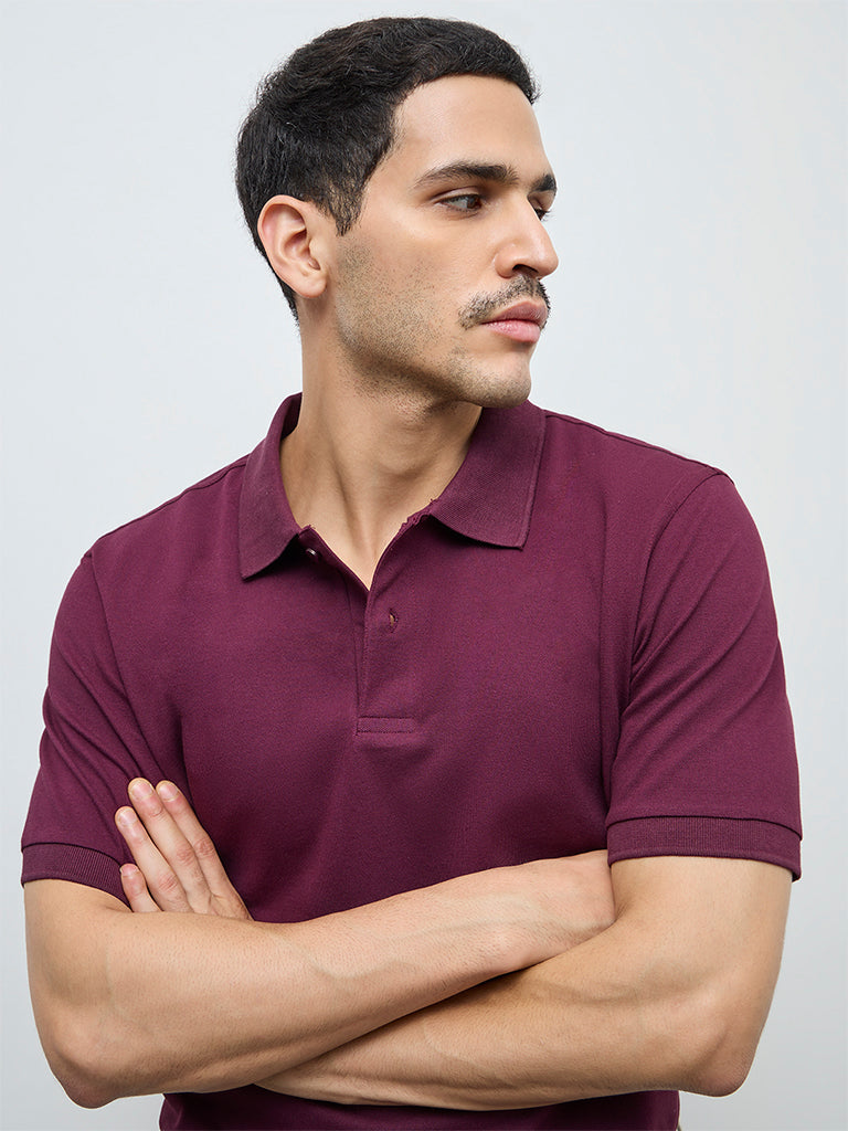 WES Casuals Wine Relaxed-Fit Cotton-Blend Polo T-Shirt