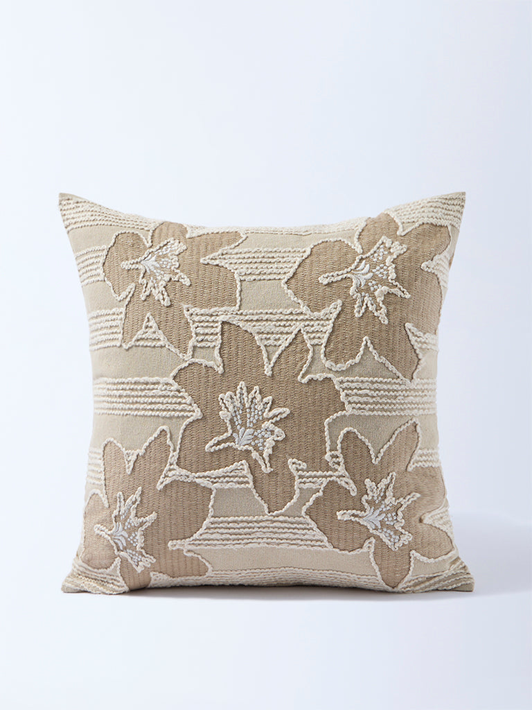 Westside Home Beige Floral Embroidered Cushion Cover