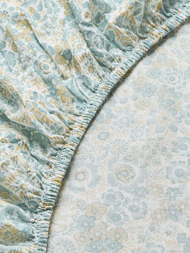 Westside Home Dusty Blue Floral Printed King Bed Sheet Set