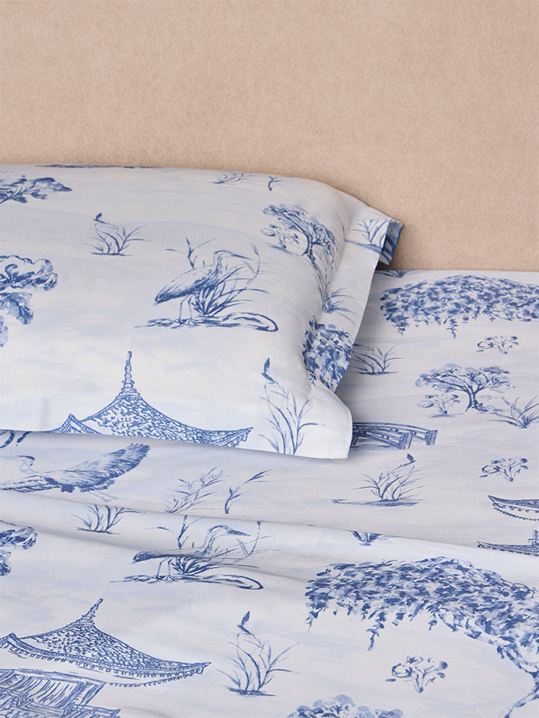 Westside Home Dusty Blue Toile Printed Queen Bed Sheet Set