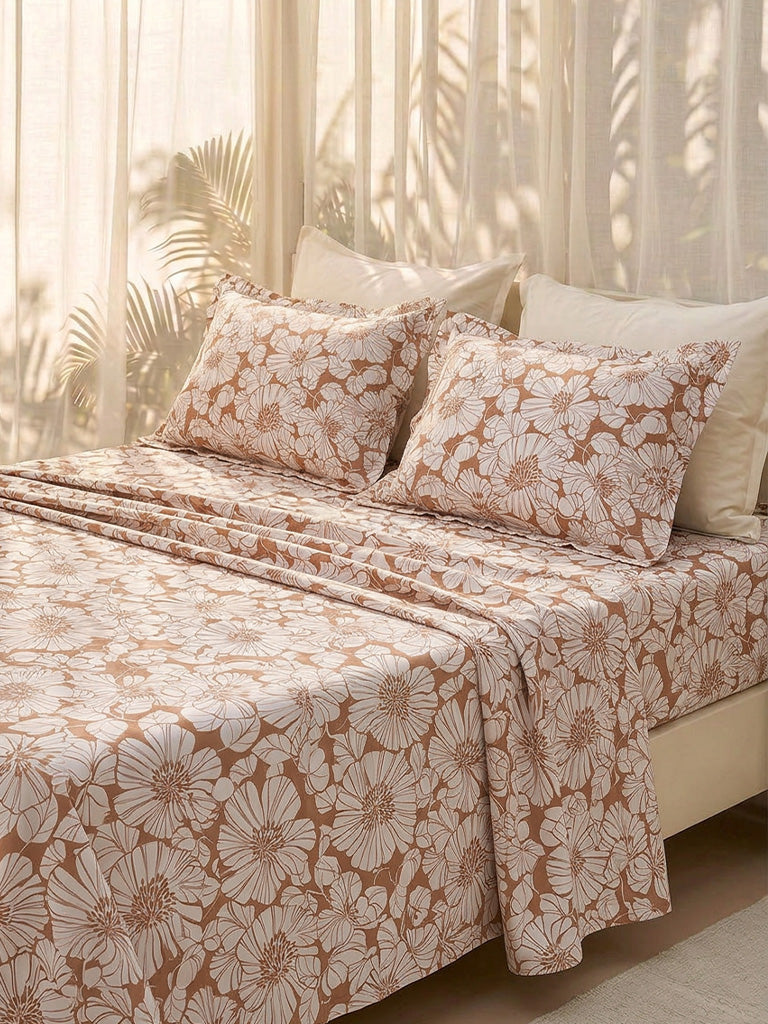 Westside Home Brown Floral Pattern Queen Bed Sheet Set