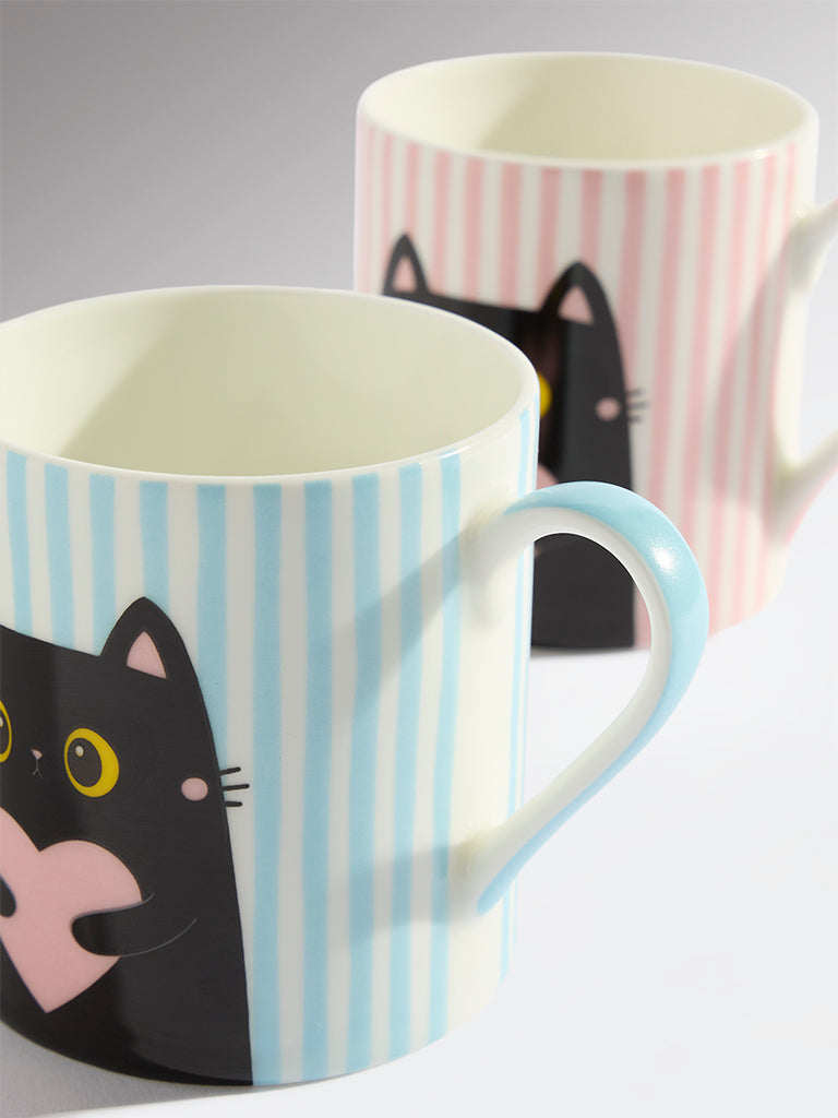 Westside Home Blue and Pink Cat Design Mugs (Set of 2)