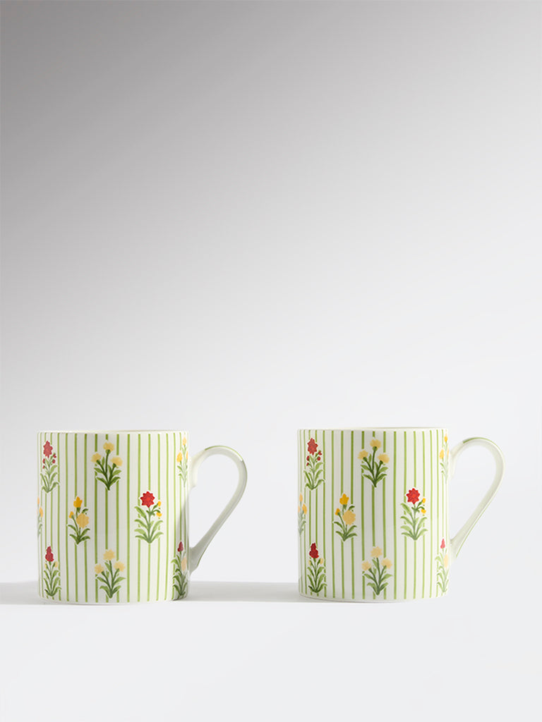 Westside Home Green Stripe Printed Mugs (Set of 2)