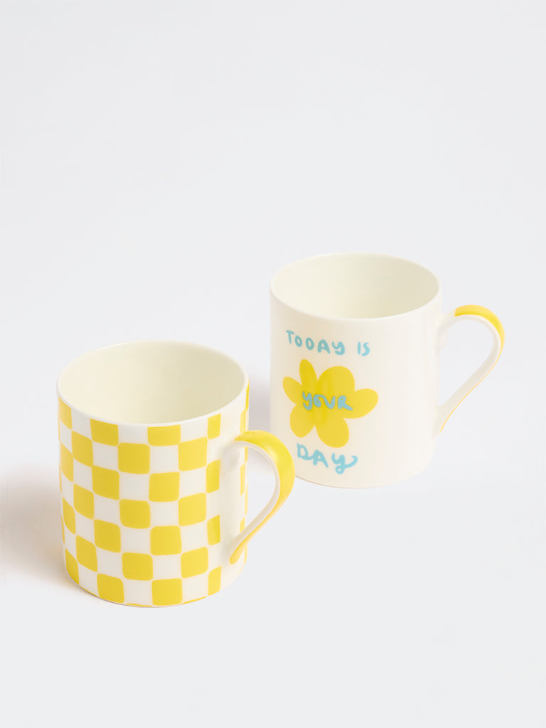 Westside Home Yellow Printed Mugs (Set of 2)