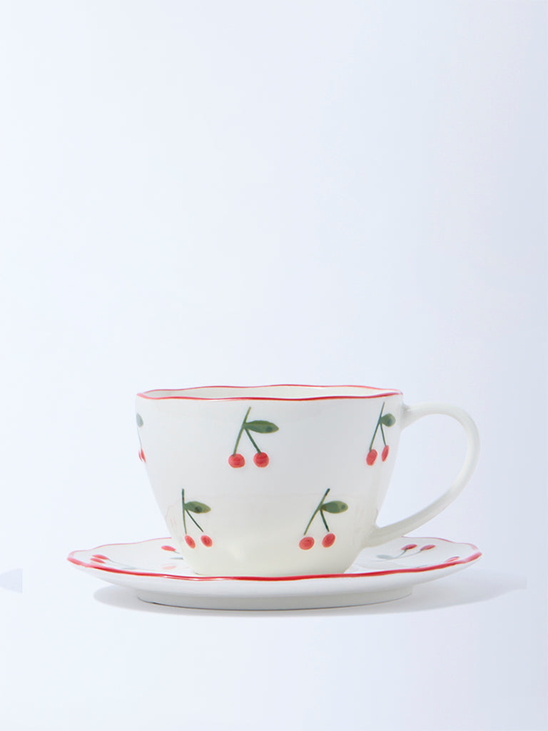 Westside Home White and Red Cherry Cup and Saucer
