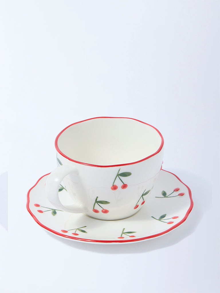 Westside Home White and Red Cherry Cup and Saucer