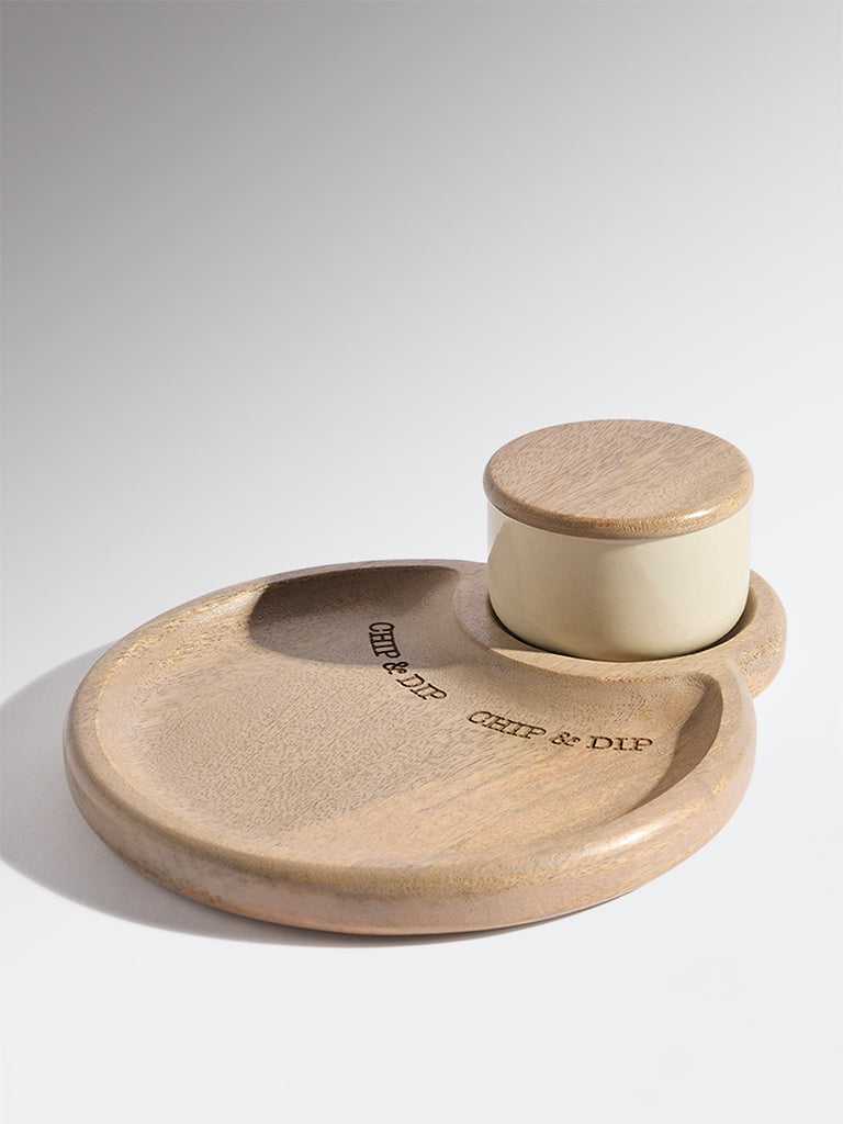 Westside Home Beige Typographic Wooden Chip and Dip Platter