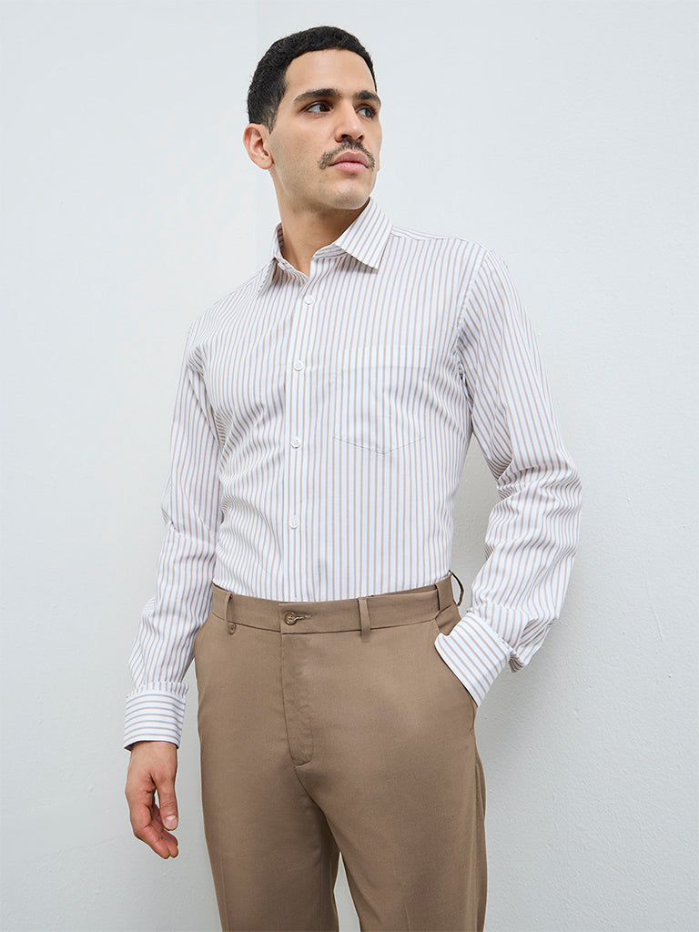 WES Formals Beige Striped Relaxed-Fit Cotton Shirt