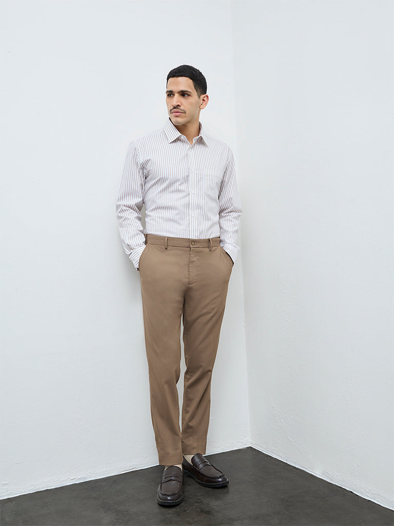 WES Formals Beige Striped Relaxed-Fit Cotton Shirt