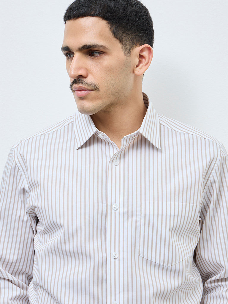 WES Formals Beige Striped Relaxed-Fit Cotton Shirt