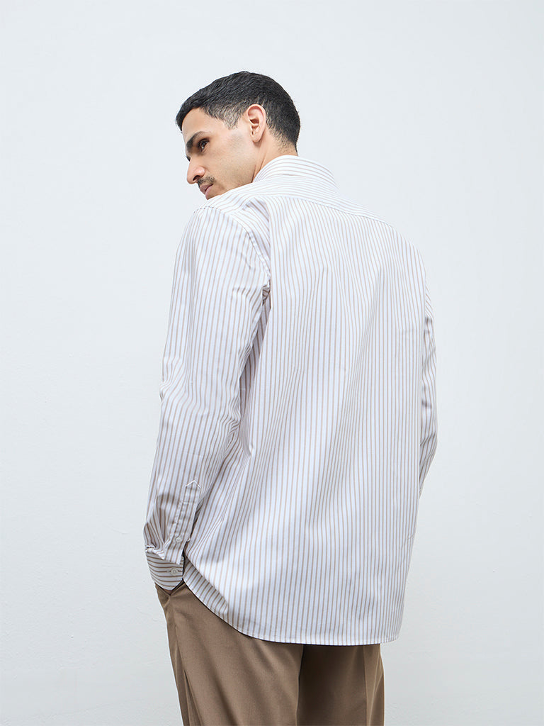 WES Formals Beige Striped Relaxed-Fit Cotton Shirt