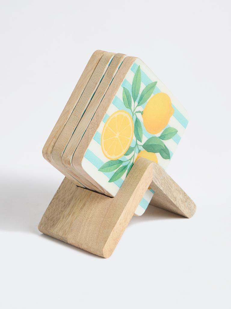 Westside Home Blue and Yellow Lemon Design Wooden Coasters with Stand - (Set of 4)