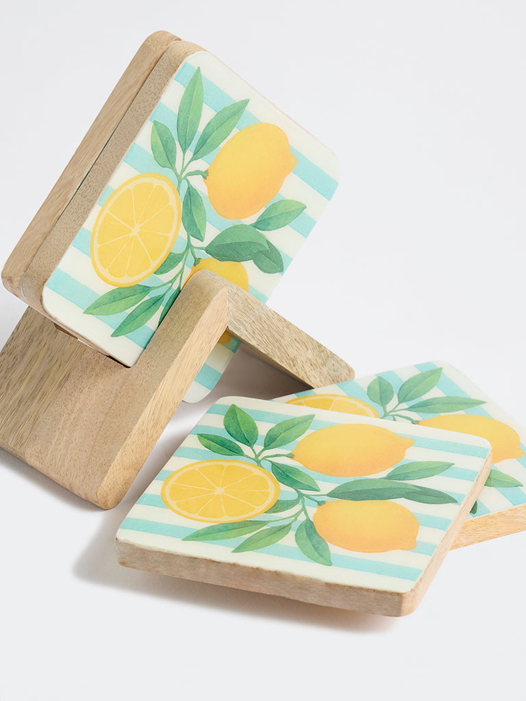 Westside Home Blue and Yellow Lemon Design Wooden Coasters with Stand - (Set of 4)