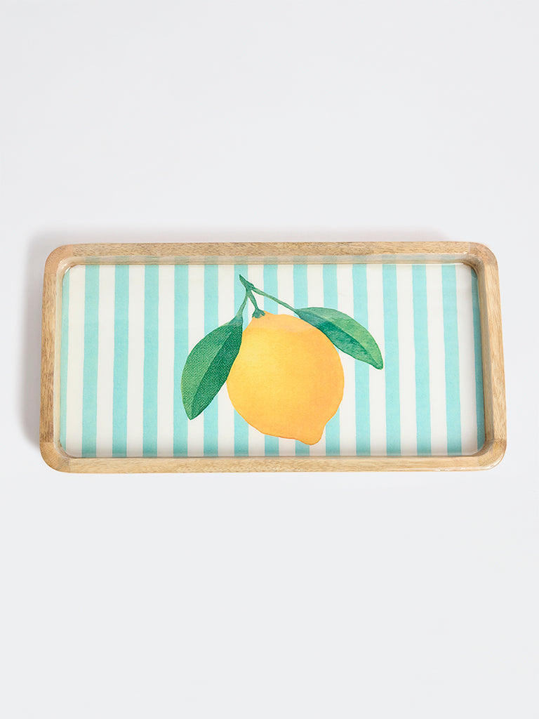 Westside Home Blue and Yellow Lemon Design Wooden Serving Tray