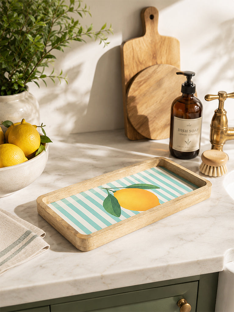 Westside Home Blue and Yellow Lemon Design Wooden Serving Tray